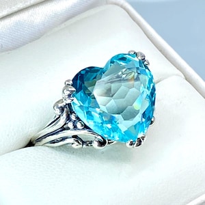 Aquamarine Ring, Sterling Silver Filigree, Huge 10ct Heart Shape Simulated Gem, Leaf Claw Filigree [Custom Made] Design#213