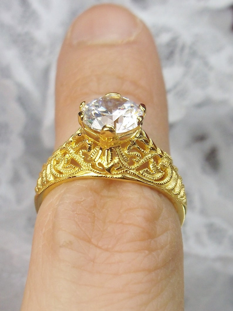 Design #199 Size 5.5 White CZ Yellow Gold Plate /& Sterling Silver Filigree Art Deco Ring