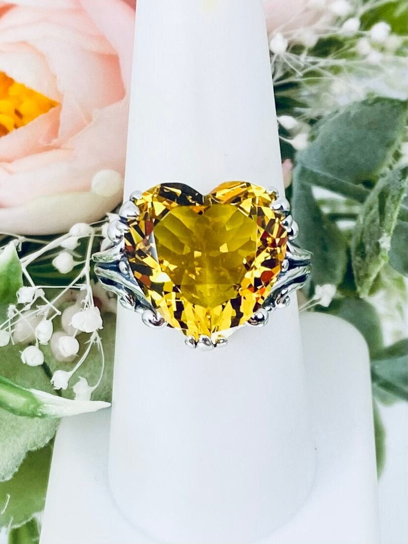 Heart Yellow Citrine Ring Sterling Silver 10ct Simulated Gemstone