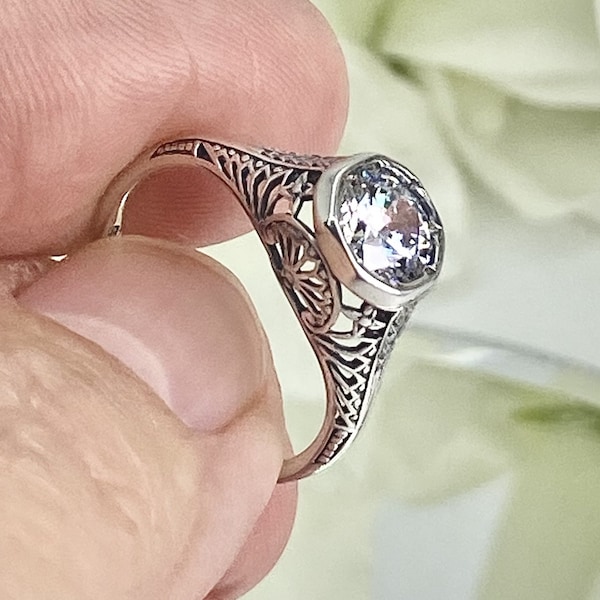 White CZ or Lab Moissanite Ring/ Sterling Silver/ White Gemstone Edwardian Wedding Dandelion Filigree [Custom Made] Design#205