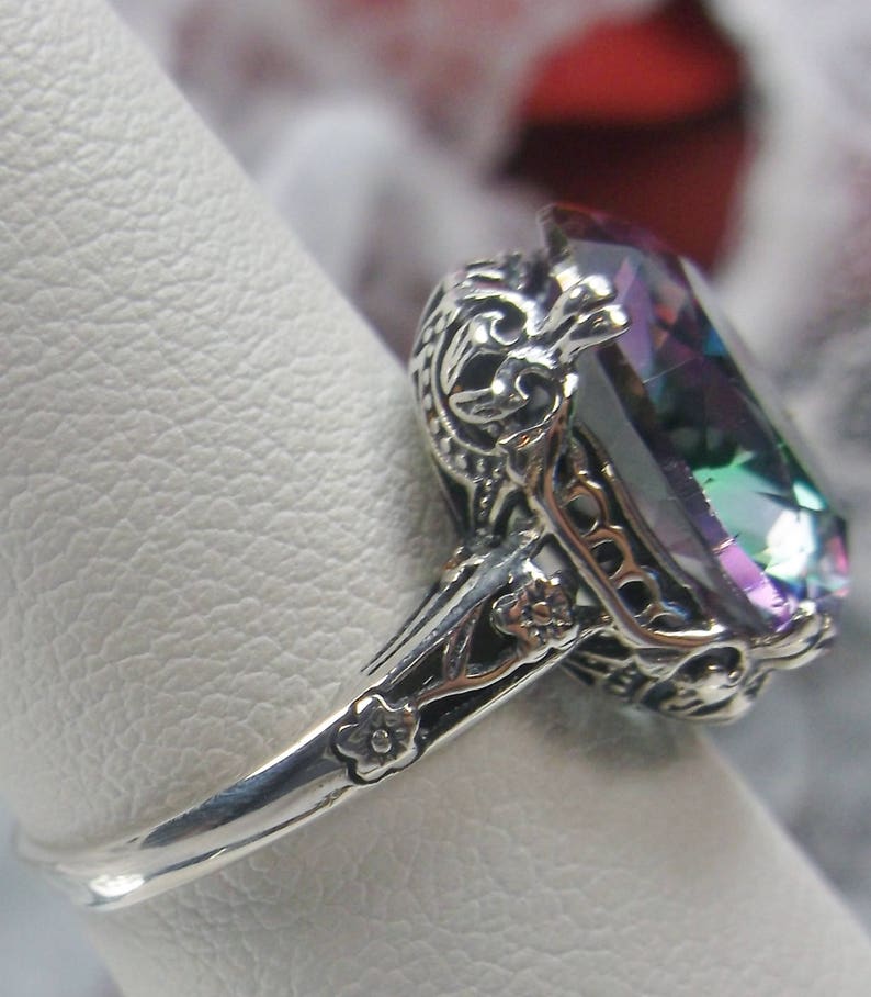 Rainbow Mystic Ring/ Sterling Silver/ 6ct Oval Mystic Topaz Gemstone Floral Edwardian Antique Filigree Custom Made Design70 image 5