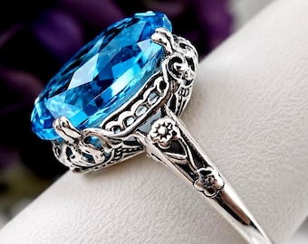 Pierścionek ze szwajcarskim niebieskim kamieniem szlachetnym, rozmiar 6 | Srebro próby 925, owalny, imitujący topaz, 6 karatów, kwiatowy, w stylu art déco, edwardiański, filigran [W magazynie] Wzór nr 70