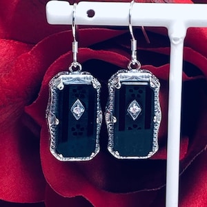 Carved Black Earrings Embellished Sterling Silver/ Black Floral Earrings Inset w/ CZ Art Deco 1915&#39;s Jewelry [Custom Made] Design#E232