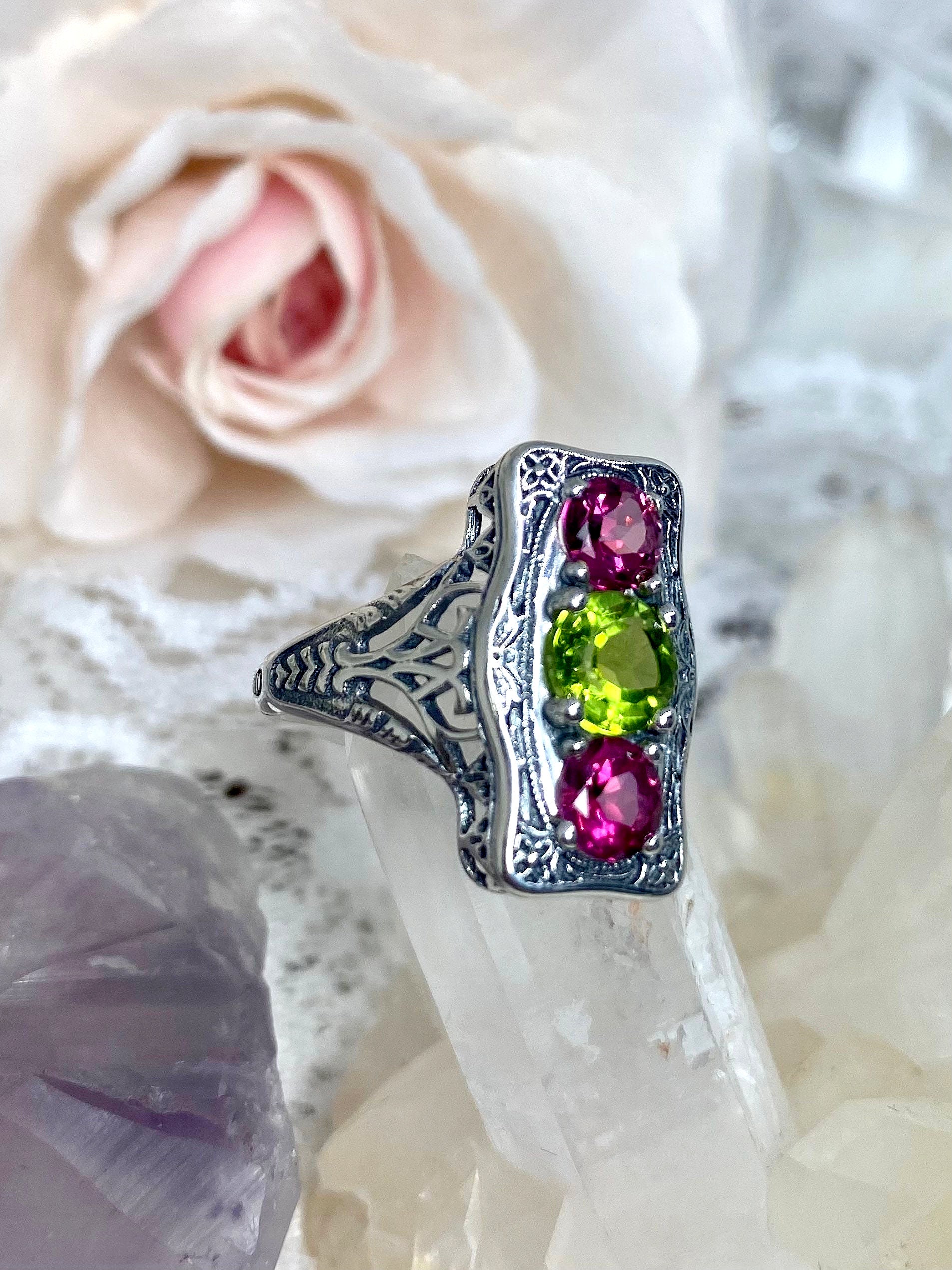 Peridot & Pink Topaz Ring / Three Round Gems with Edwardian Sterling Silver Filigree [Made to Order] Design#60
