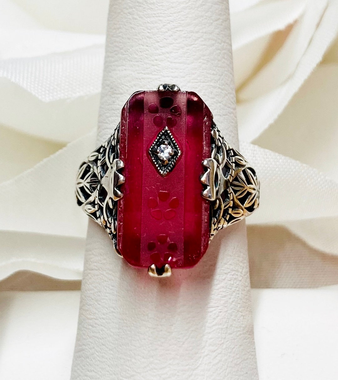 Pink Carved Ring Sterling Silver/ Baguette Camphor W/ Inset CZ