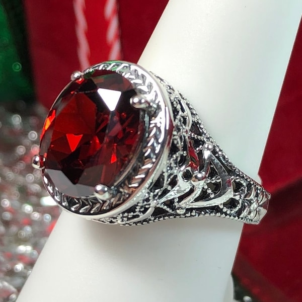 Red Garnet CZ Ring 925 Sterling Silver Oval Faceted Gemstone Art Deco Broadway Theater Classic Detailed Filigree [Made To Order] Design#180