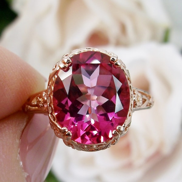 Natural Pink Topaz Ring Rose Gold Plated Sterling Silver / 3.4ct Natural Topaz Gemstone Floral Edwardian Filigree [Custom Made] Design#70z