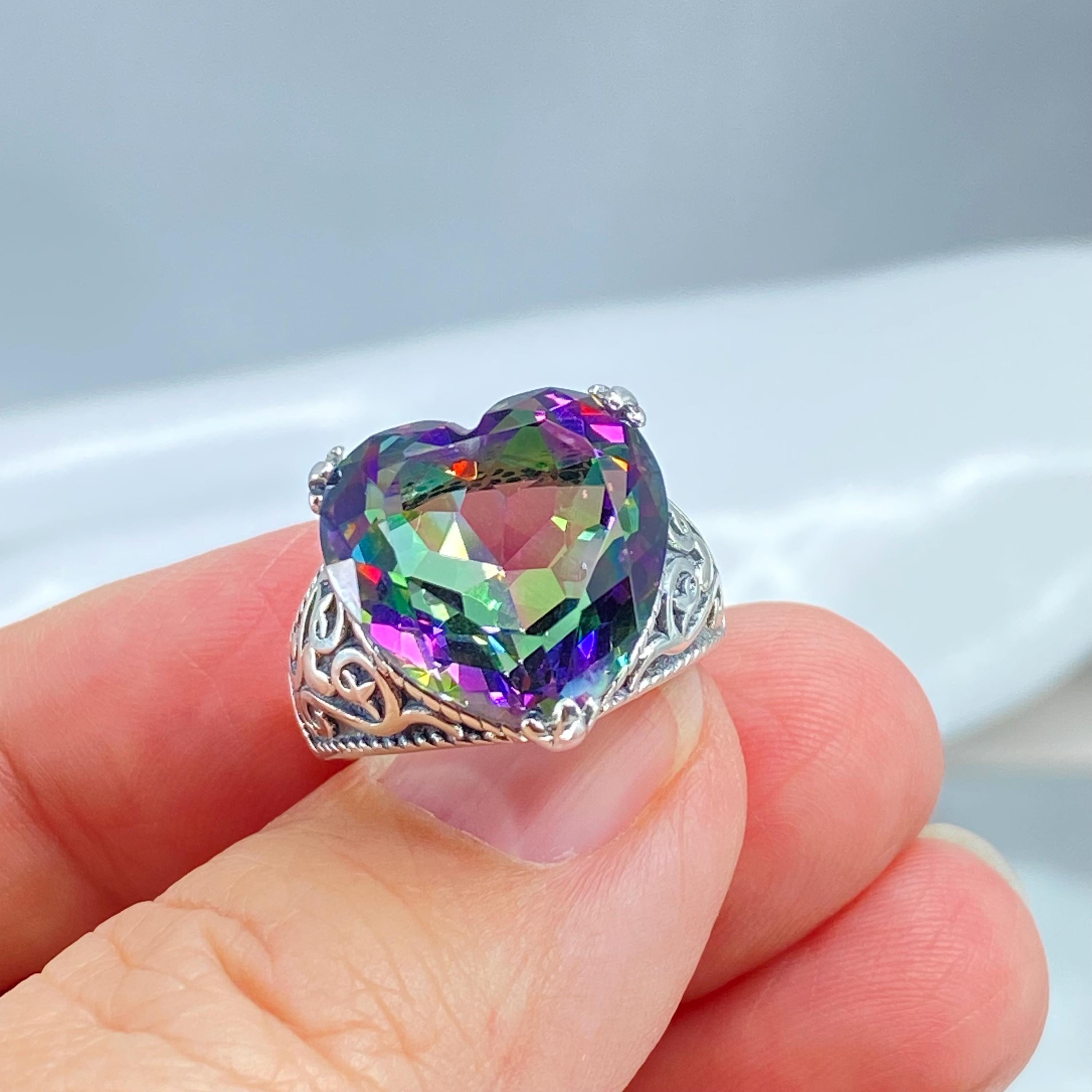 Mystic Topaz Ring Sterling Silver 10ct Simulated Rainbow Mystic Topaz Gothic Heart Claw Filigree custom Made Design132 Etsy