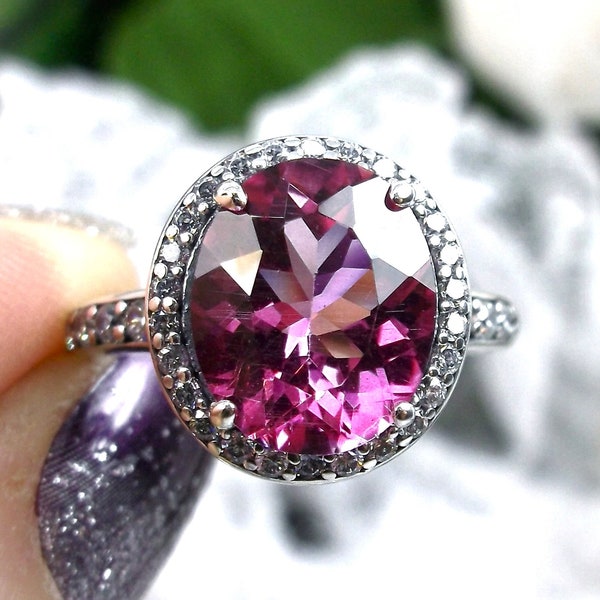 Natural Pink Topaz Ring/ Sterling Silver/ 3.8ct Hot Pink Topaz & CZ Pavé Accents Halo Art Deco Filigree [Custom Made] Design#228