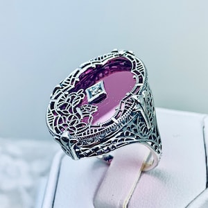 Buntglas Ring |  Art Déco | Pink Campher (Inset CZ, Moissanit oder Diamant) Vintage Detail & Eleganz | Auf Bestellung | Design#594