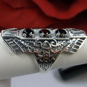Black & White CZ Ring/ Solid Sterling Silver/ Black and White Cubic Zirconia Long Art Deco 1930s Filigree Ring [Made to Order] Design#214
