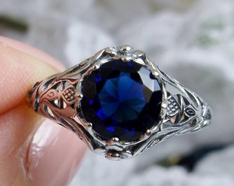 Blue Sapphire Ring Size 9 | 925 Sterling Silver | 2ct Sapphire Victorian Style Floral Daisy Filigree [Ready to Ship] Design#66