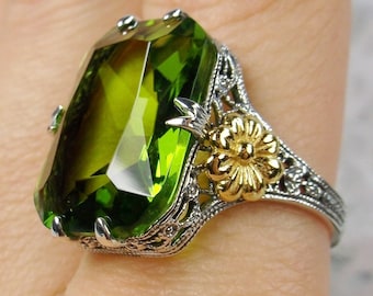 Peridot Green Gemstone Ring/ Sterling Silver/ Simulated Peridot Art Deco Floral Two Tone Golden Daisy Filigree [Custom Made] Design#208