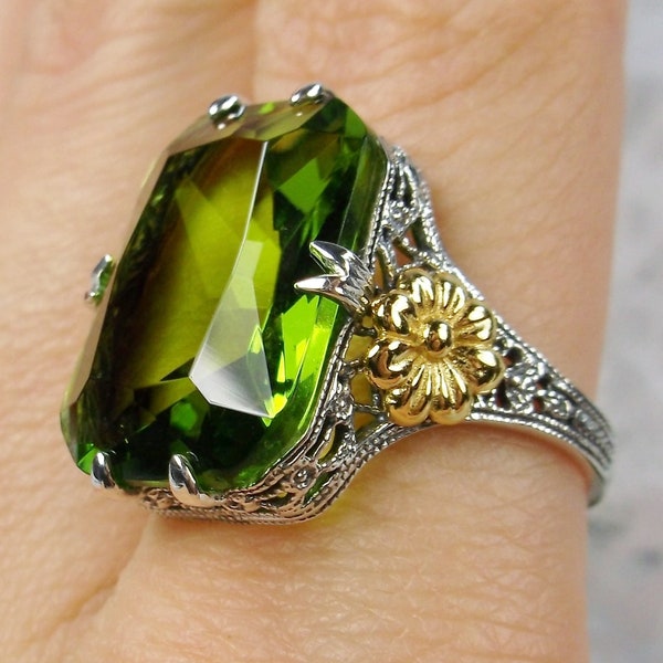 Peridot Green Gemstone Ring/ Sterling Silver/ Simulated Peridot Art Deco Floral Two Tone Golden Daisy Filigree [Custom Made] Design#208