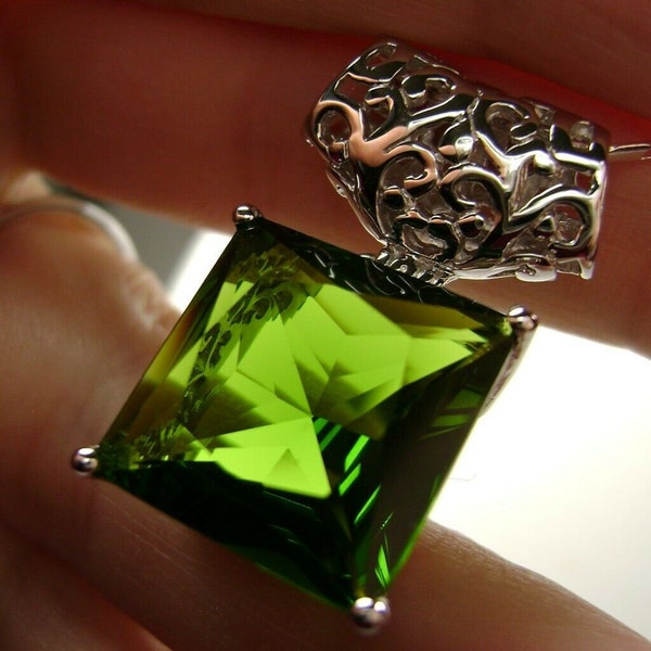 Peridot Pendant/ Sterling Silver / 10ct Square Cut Simulated Green Peridot, Vintage Revival Jewelry [Custom Made] Design#P45