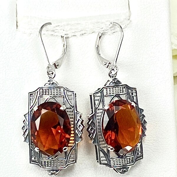 Orange Citrine Earrings, Sterling Silver Filigree, Oval Simulated Citrine Art Deco Style [Custom Made], #E19