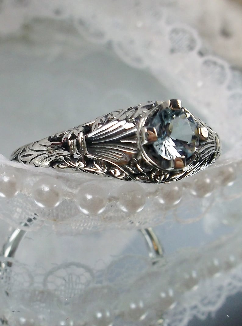 Natural Blue Topaz Ring Sterling Silver Natural Topaz or Aquamarine Edwardian Floral Wedding Leaf Filigree Design#154 Made To Order