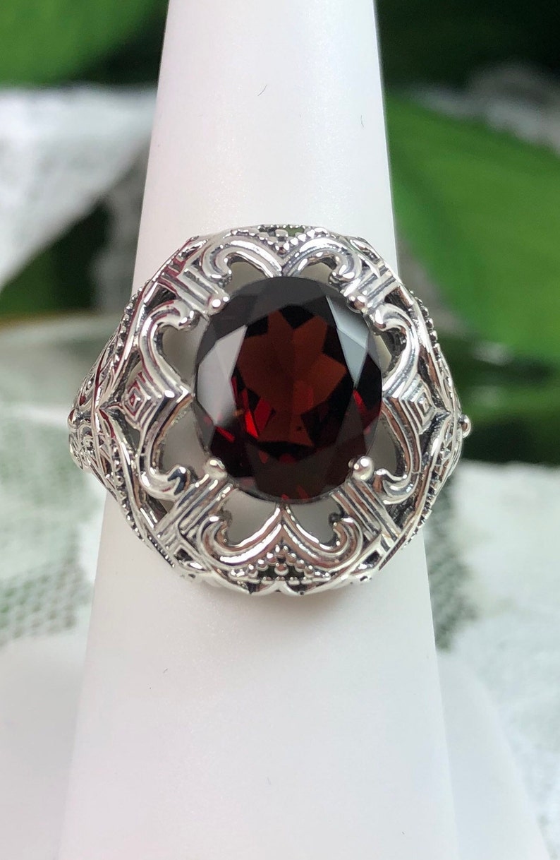 Custom Made Silver Deco Swirl Filigree Design#168 Natural Garnet Ring Solid Sterling Silver Oval 3.63ct Natural Garnet