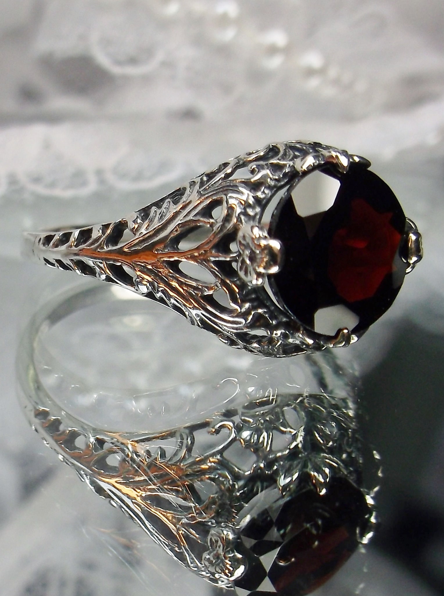 {Made to Order} 2ct *Red Garnet* Sterling Silver Victorian Filigree Ring Size 