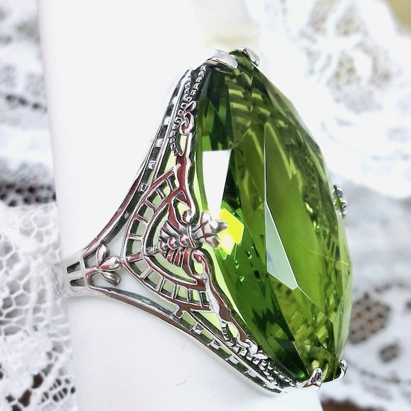 Peridot Ring/ Solid Sterling Silver/ 13ct Marquise Cut Simulated Green Peridot Art Deco Floral Fence Filigree [Custom Made] Design#75