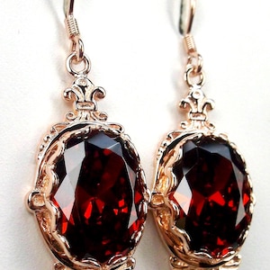Garnet CZ Earrings, Rose Gold plated Sterling Silver Victorian Fleur de Lis Filigree [Custom Made] Save 10% with Set, #E18, S18