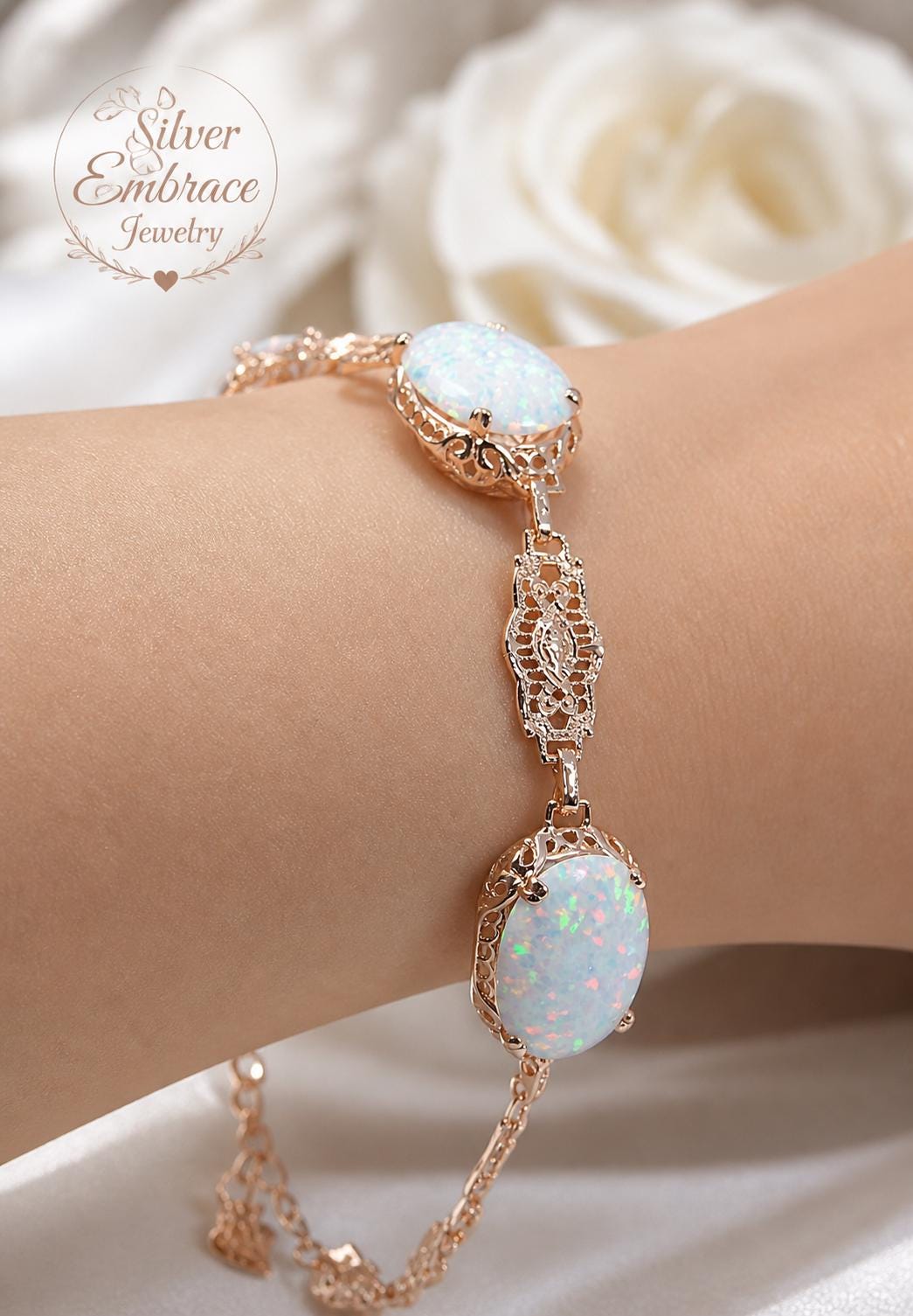 White Opal Bracelet * Rose Gold Plated Sterling Silver * Oval Simulated Gem * Edwardian Filigree Adjustable Chain * Custom Made | Design#B70