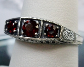 Natural Red Garnet Ring Sterling Silver | Genuine 3Gem Gemstone Trinity Lattice Horizontal Filigree Jewelry [Made To Order] Design#210