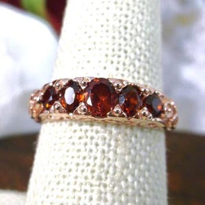 Natural Red Garnet Ring • Rose Gold Plated Sterling Silver • 5-Gemstone Band • Georgian Victorian Filigree • Made to Order | Design#19