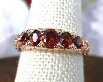 Natural Red Garnet Ring • Rose Gold Plated Sterling Silver • 5-Gemstone Band • Georgian Victorian Filigree • Made to Order | Design#19