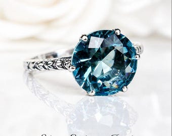 Anillo de aguamarina azul de 2 quilates, talla 7 / Plata de ley / Aguamarina sintética redonda facetada de 2 quilates, estilo eduardiano de 1910, grabado con filigrana [En stock] Diseño n.° 37z