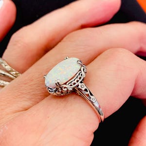 Opal Cabochon Ring Sterling Silver 6ct Simulated Rainbow White Opal Silver Floral Edwardian Antique Filigree [Custom] Design#70