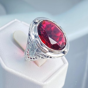 Ruby Ring, Size 6.5 / Oval 16ct Simulated Red Gem with Sterling Silver Victorian Filigree [In Stock-Ready to Ship] Design #2