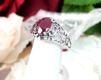 Natural Ruby Ring/ Solid Sterling Silver/ 1.34 ct Oval Natural Ruby Art Nouveau Filigree [Made to Order] Design#14