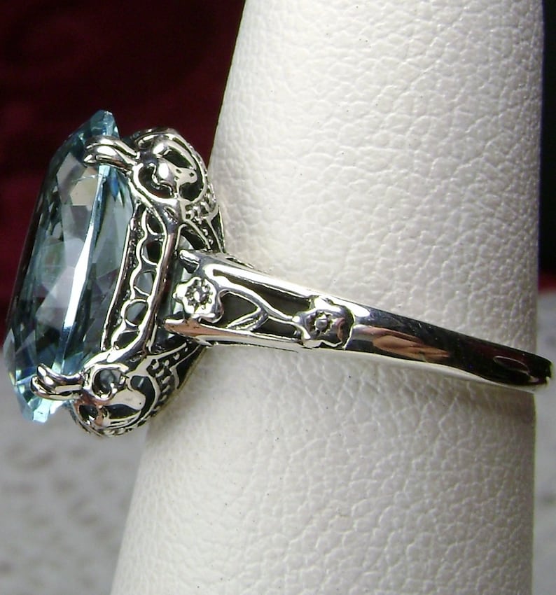 Aquamarine Ring/ Sterling Silver/ Natural or Simulated Gemstone Floral Antique Vintage Filigree [Custom Made] Design#70 