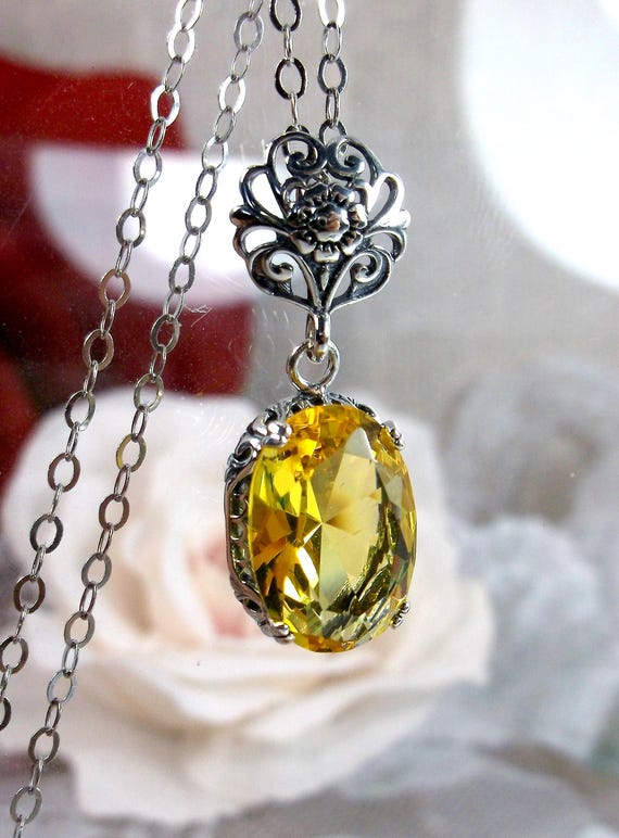 Yellow Citrine Necklace Simulated Gem Floral Edwardian Sterling Silver Filigree custom Made P70 Etsy