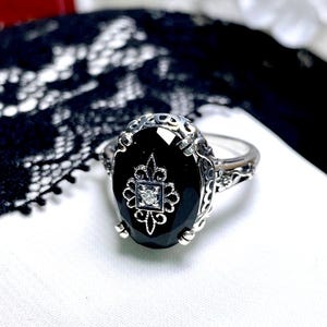 Black Gemstone Ring Sterling Silver/ Embellished CZ, Moissanite, Diamond / Floral Antique Vintage Filigree [Custom Made] Design#70e