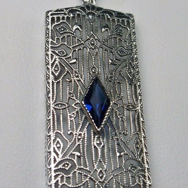 Sapphire Pendant/ Solid Sterling Silver/ 1ct Simulated Sapphire, Art Deco 1920's Silver Filigree [Custom Made] Design#P64