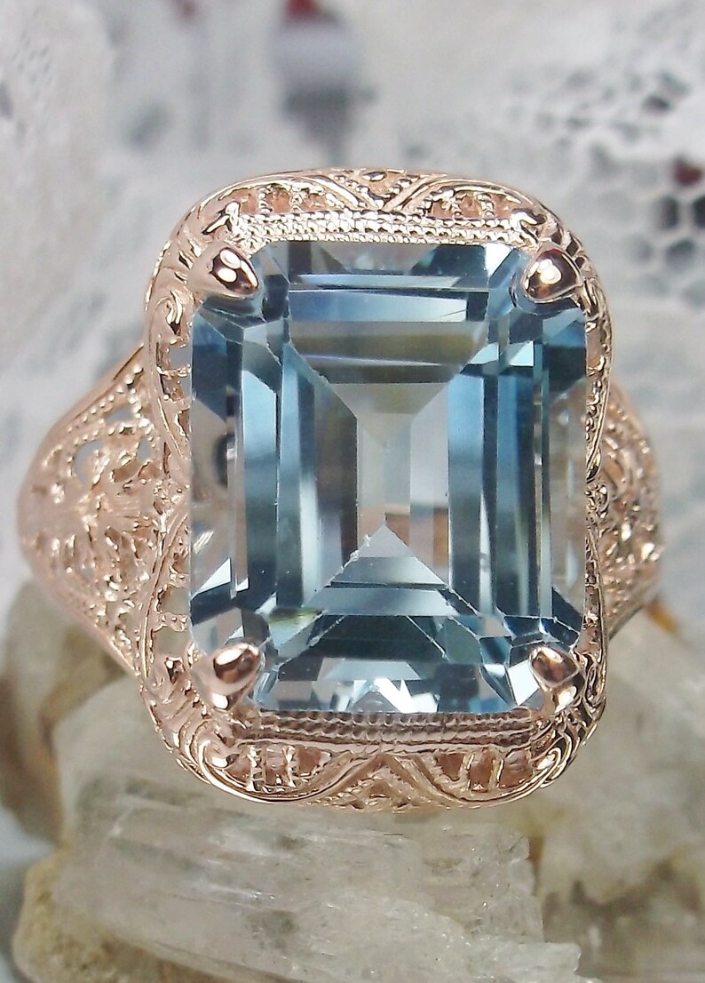 Autumn Design#200 Custom Made Natural Topaz Ring Rose Gold plated Sterling Silver 6ct Natural Sky Blue Topaz Floral Victorian Filigree