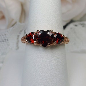 Garnet Ring/ Rose Gold plated Sterling Silver/ 3-Gemstone Simulated Red Garnet, Hearts Filigree [Custom Made] Design#143