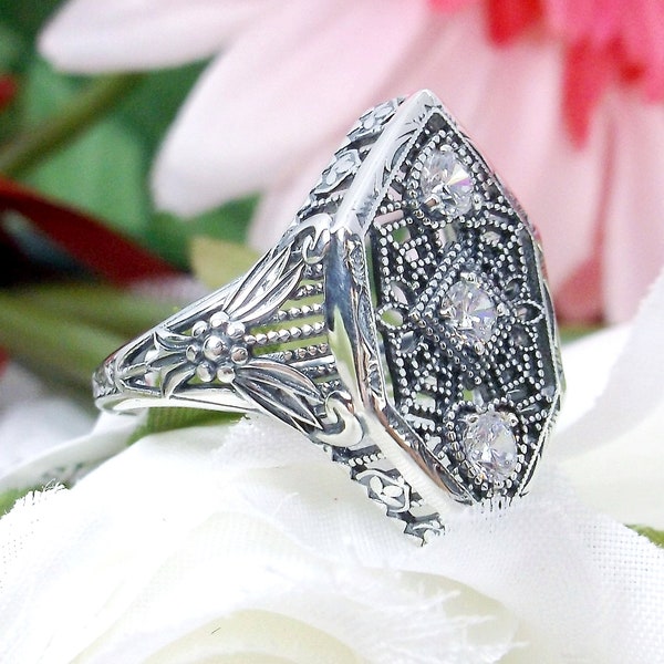 Moissanite Ring/Sterling Silver White Gemstone/ Art Deco Jewelry, Intricate Filigree-Charlotte/ Low Profile Antique [Custom Made] Design#231