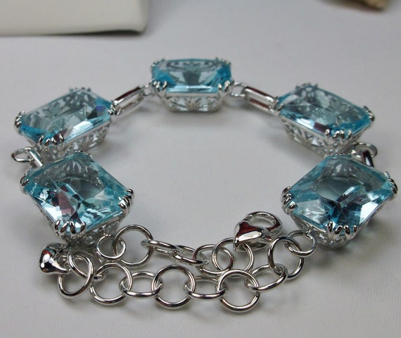 Aquamarin Blau Armband Rhodiniertes Sterling Silber Simulierte Himmel Blau Edelsteine Vintage Floral Filigraner Schmuck nach MaB B109 Etsy