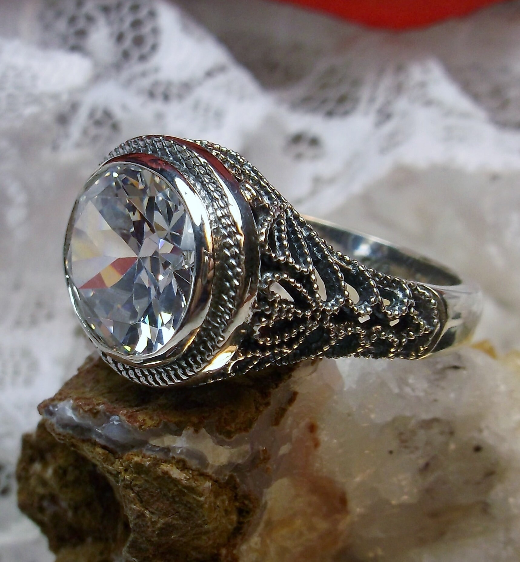 Anello In Argento Sterling Con Gemma Ovale 925 Punzonato Misura J - R