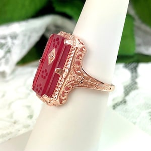 Ring roze kamferglas/roségoud verguld zilver/gesneden roze kamferglas, inzet CZ-edelsteen, edwardiaans filigraan [op maat gemaakt] ontwerp#232