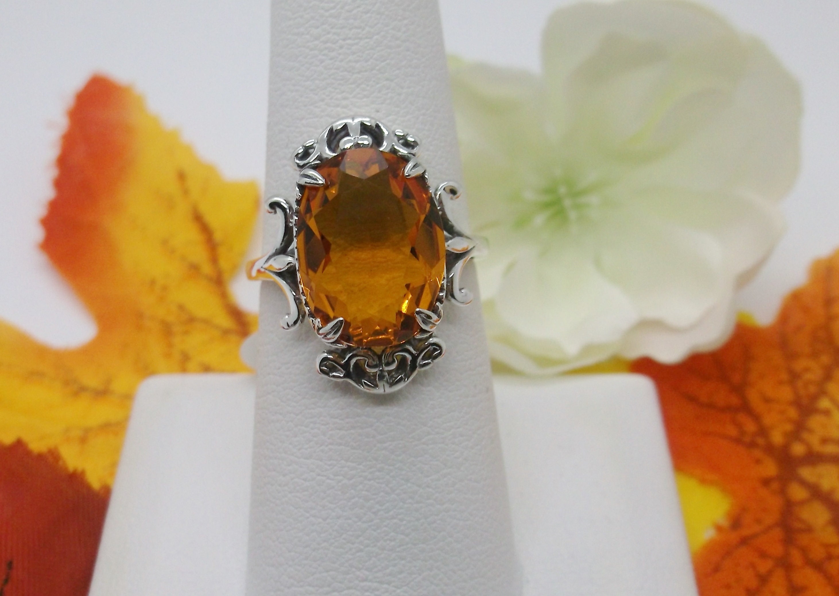 SILVER925 ORENGE STONE RING/シルバー/リング Orange Gemstone Ring Sterling Silver 5ct Oval Cut Simulated