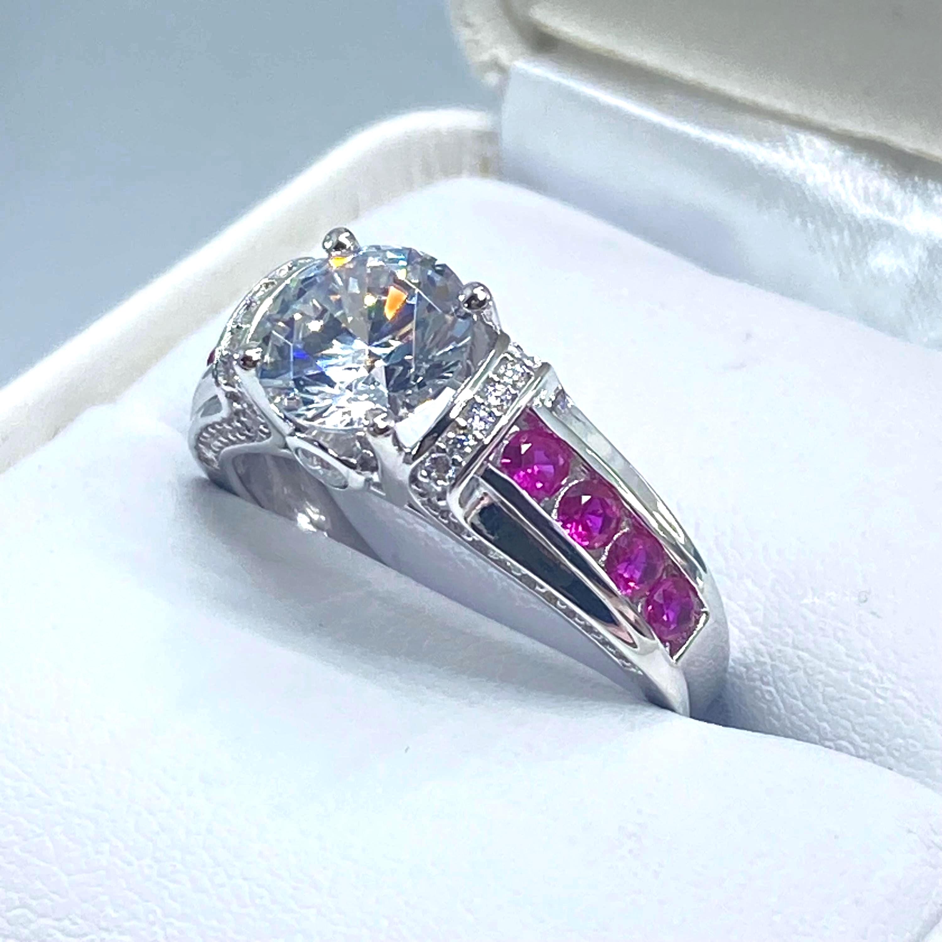 Bague Cocktail Rubis Et CZ - Argent Sterling 925, Taille 8.5, Sertie Invisible, Fabrication Inde