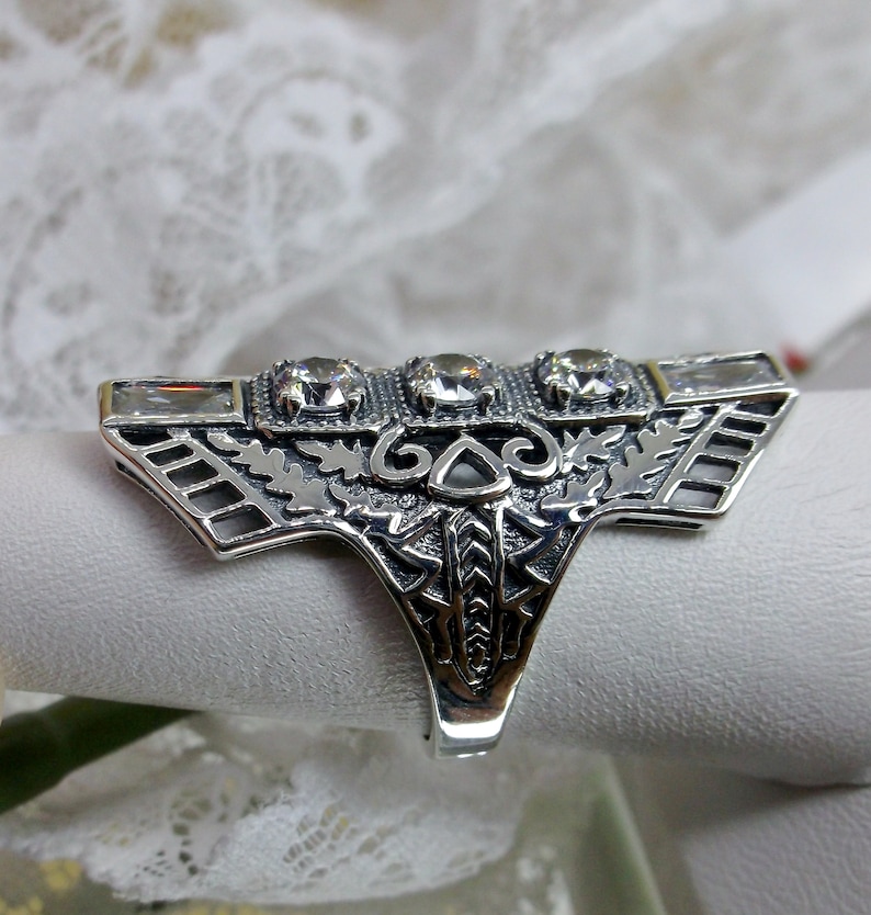 Design#214 White CZ Ring Solid Sterling Silver White Cubic Zirconia Long Art Deco 1930s Filigree Ring Made to Order
