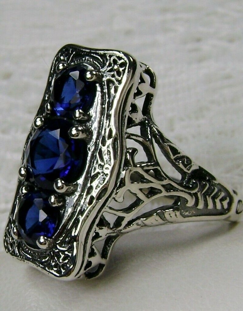 Design#60 In Stock 3Stone Edwardian Art Deco Filigree Sapphire Ring Size 7-Solid Sterling Silver Simulated Blue Sapphire