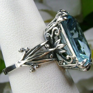 Aquamarine Ring/ Sterling Silver/ 13ct Simulated Sky blue Gemstone, Floral Filigree LUV Ring [Custom Made] Design#D109