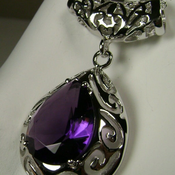 Amethyst Pendant/ Sterling Silver/Teardrop Simulated Purple Amethyst Filigree Pendant Necklace [Custom Made] Design#P28