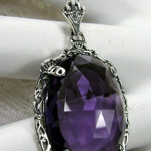 Victorian Filigree Simulated Amethyst Sterling Silver 925 Pendant Necklace